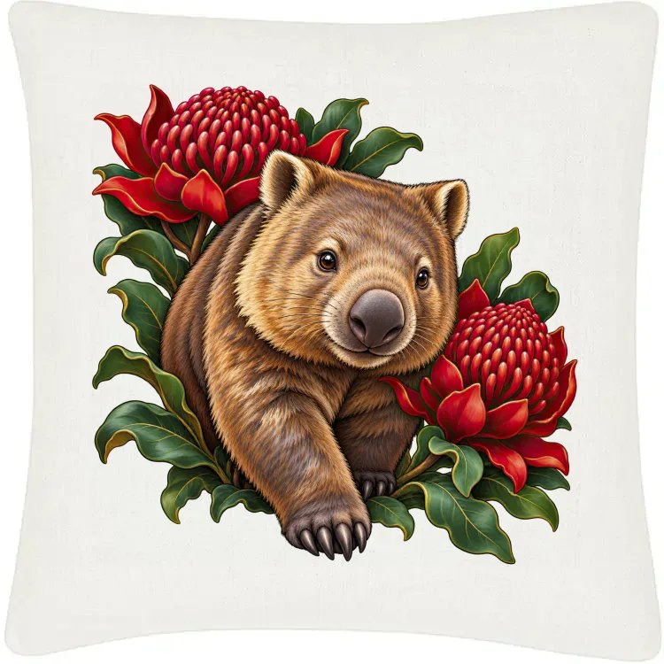 Wombat Among Scarlet Waratahs printed on an off white Cushion Cover, design by Australia Art Prints