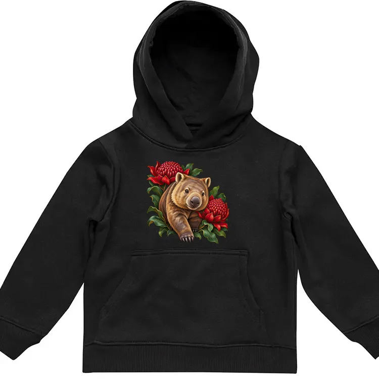 Wombat Among Scarlet Waratahs printed on a black Kids Hoodie, design by Australia Art Prints