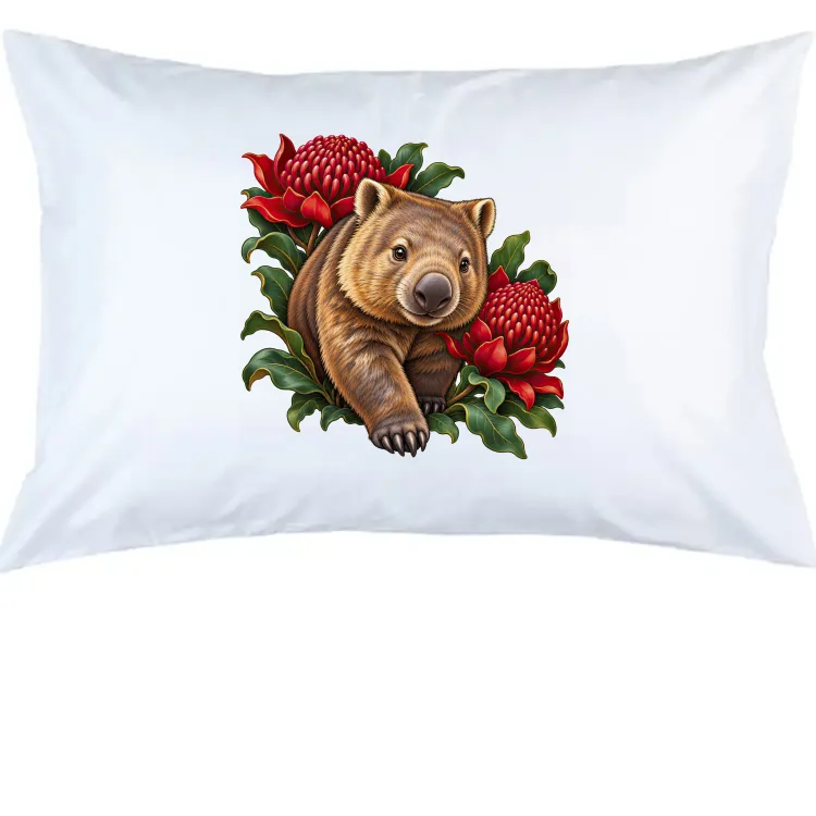 Wombat Among Scarlet Waratahs printed on a white Pillow Case, design by Australia Art Prints