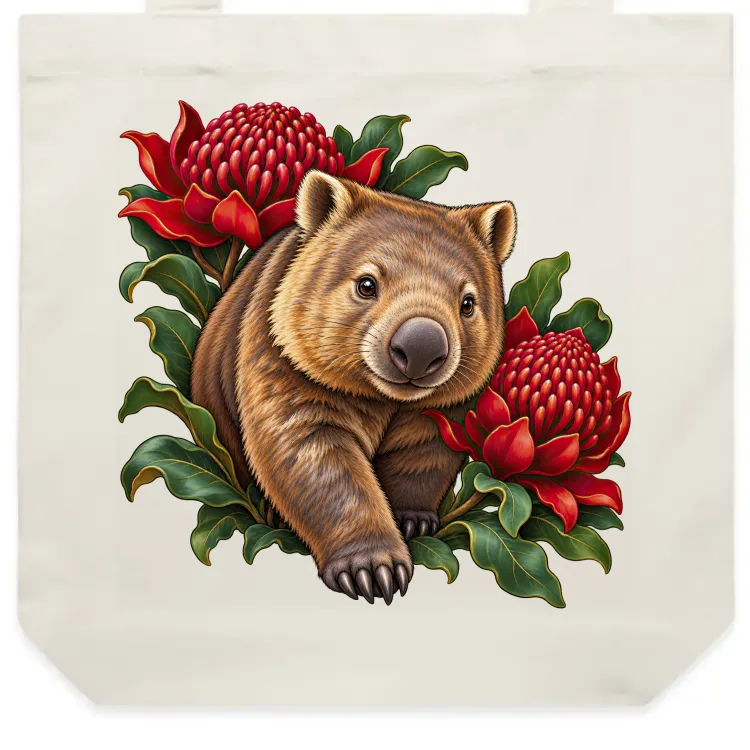 Wombat Among Scarlet Waratahs printed on a natural Tote Bag, design by Australia Art Prints