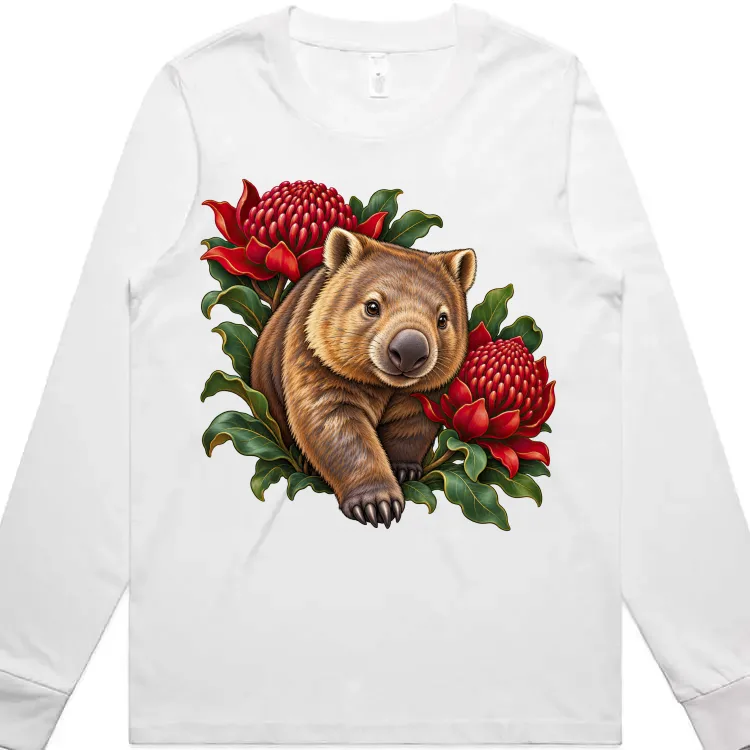Wombat Among Scarlet Waratahs printed on a white Women’s Long Sleeve T-Shirt, design by Australia Art Prints